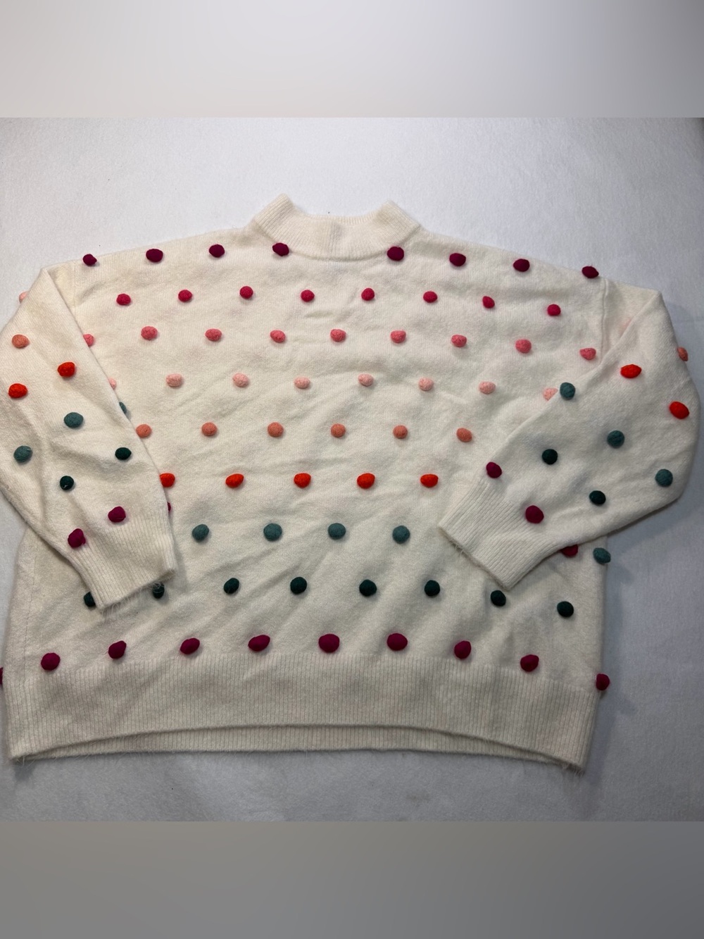CeCe Pom Pom Sweater Womens 2X Ivory Multicolor Mock Neck Plus Size Whimsical
